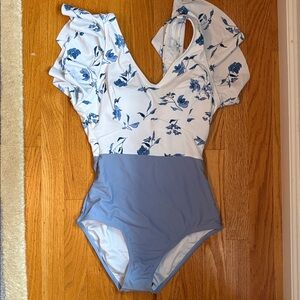 Coral Reef Floral Ruffle Sleeve One-Piece Swimsuit in Blue and White